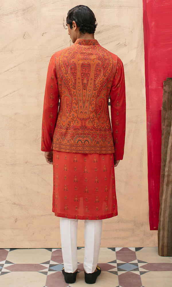 Deep Rust Printed Silk-Blend Waistcoat Kurta Set (3-Piece) - Image 5