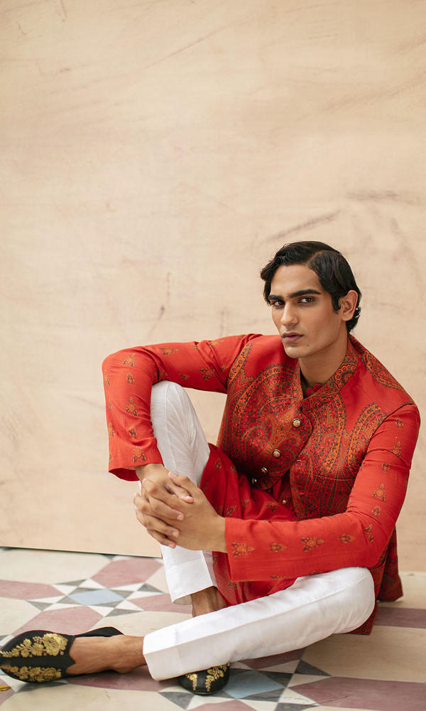 Deep Rust Printed Silk-Blend Waistcoat Kurta Set (3-Piece) - Image 6