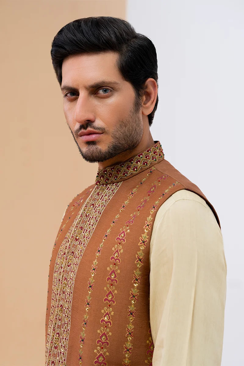 Rust Embroidered Viscose Waistcoat Kurta Set (3-Piece) - Image 3