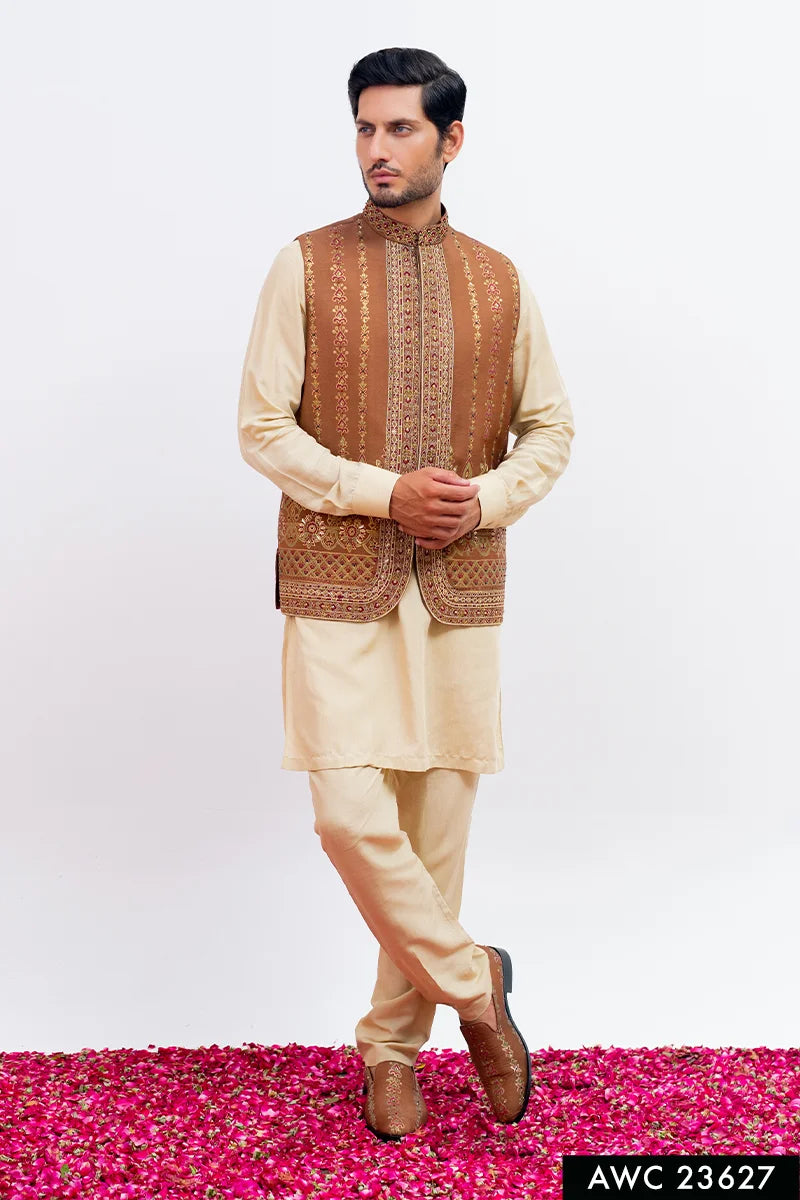 Rust Embroidered Viscose Waistcoat Kurta Set (3-Piece) - Image 1