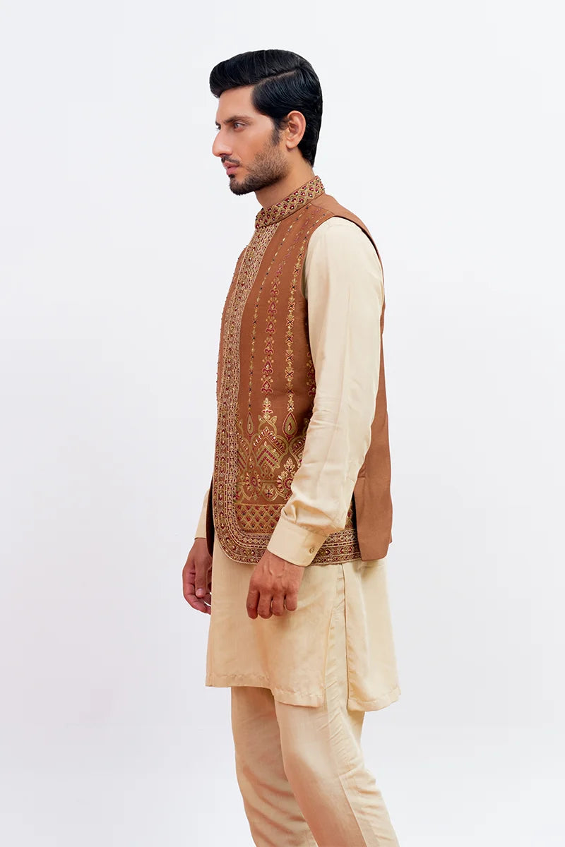 Rust Embroidered Viscose Waistcoat Kurta Set (3-Piece) - Image 2
