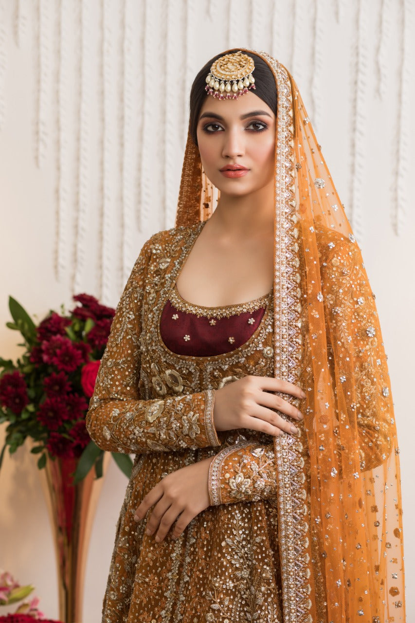 Deep Saffron & Maroon Embroidered Cotton Net Lehnga (3-Piece) - Image 2