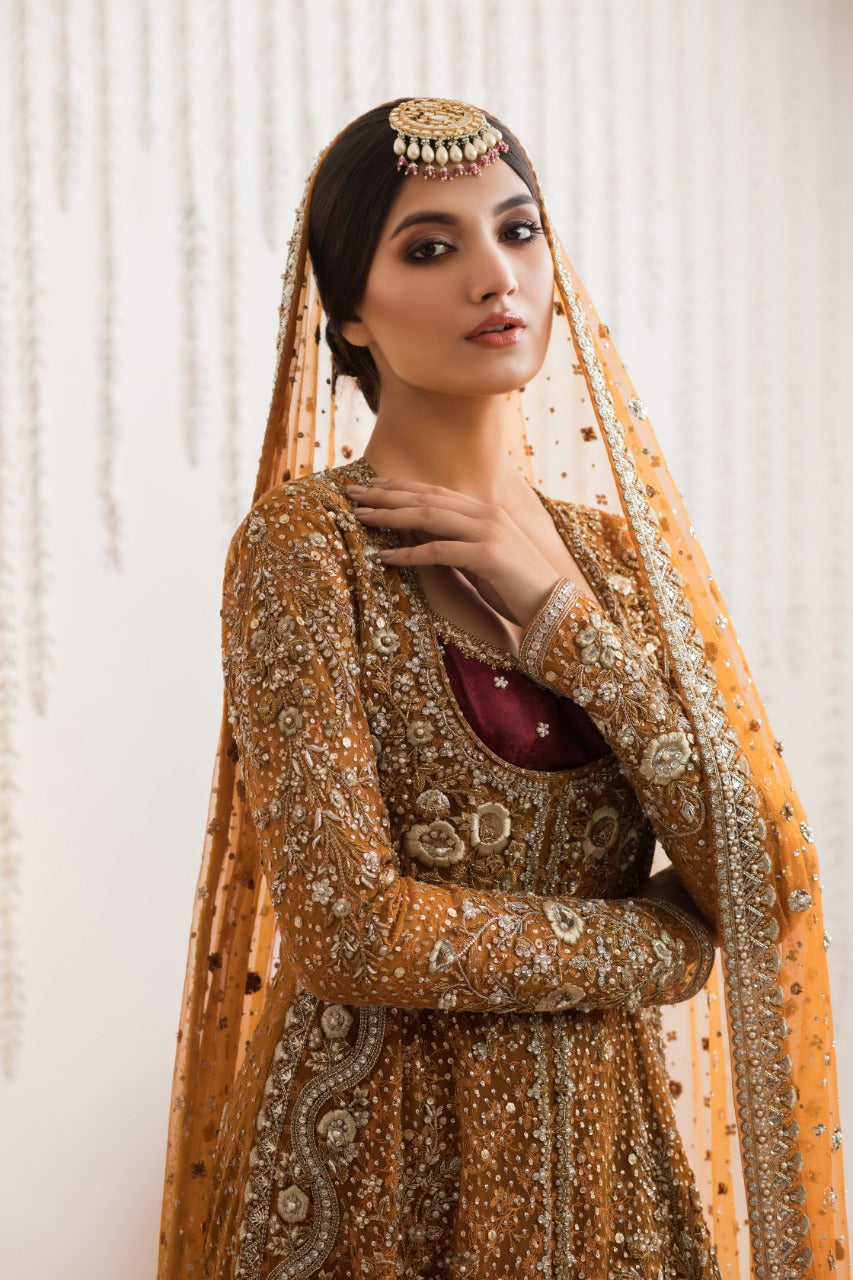 Deep Saffron & Maroon Embroidered Cotton Net Lehnga (3-Piece) - Image 3