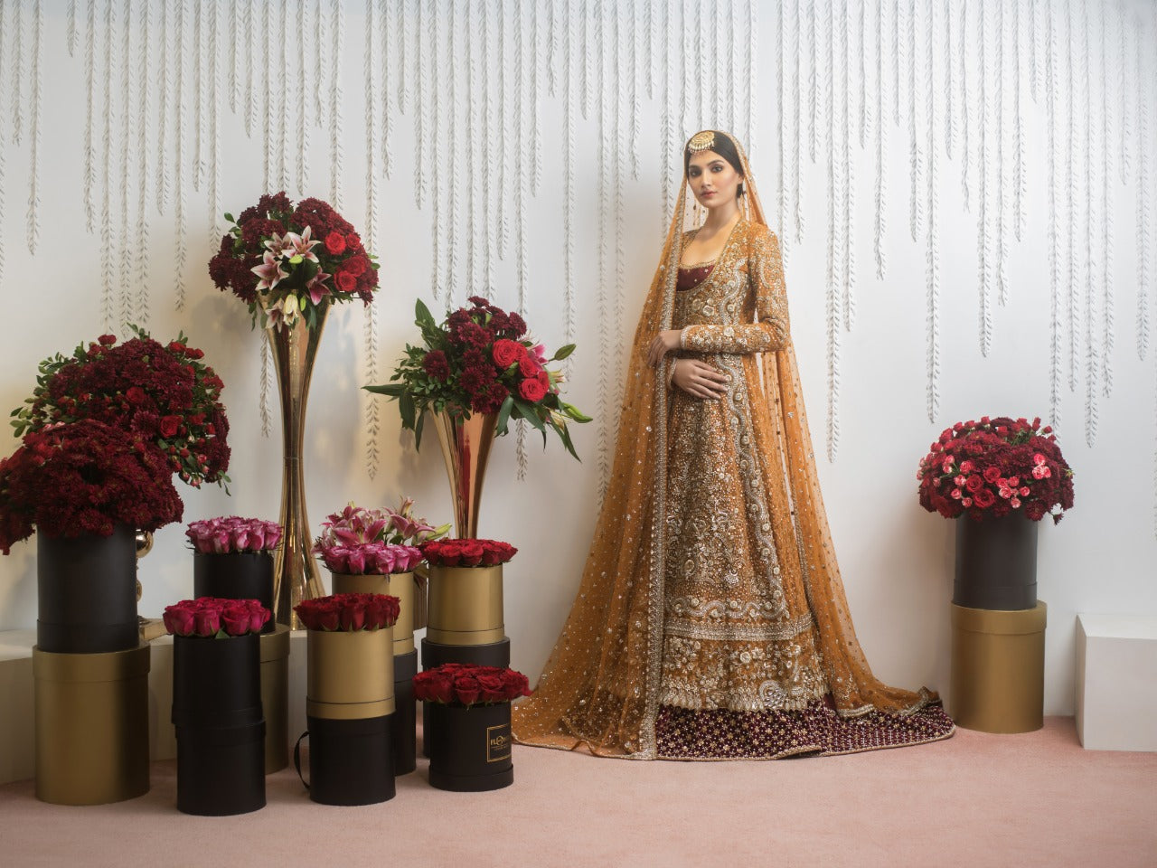 Deep Saffron & Maroon Embroidered Cotton Net Lehnga (3-Piece) - Image 4