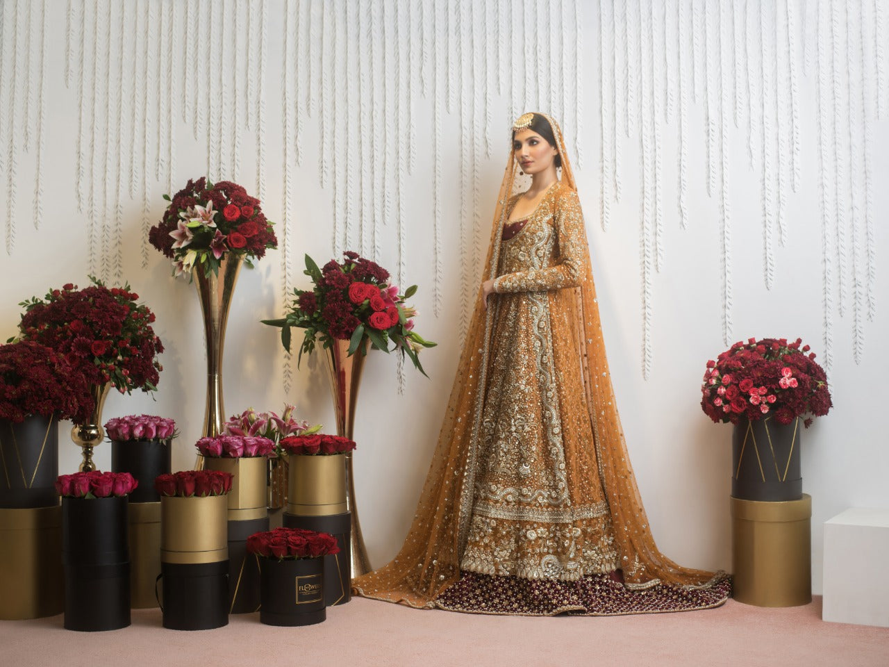 Deep Saffron & Maroon Embroidered Cotton Net Lehnga (3-Piece) - Image 5