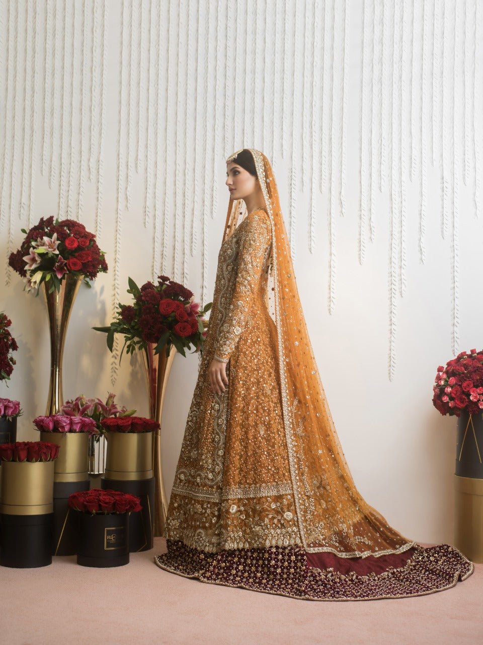 Deep Saffron & Maroon Embroidered Cotton Net Lehnga (3-Piece) - Image 6