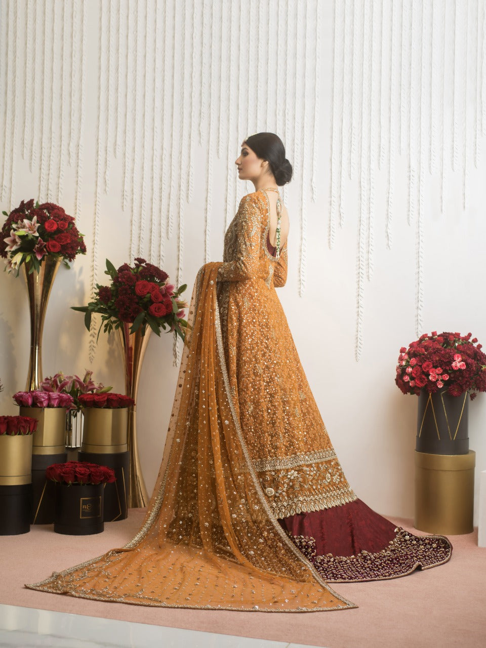 Deep Saffron & Maroon Embroidered Cotton Net Lehnga (3-Piece) - Image 7