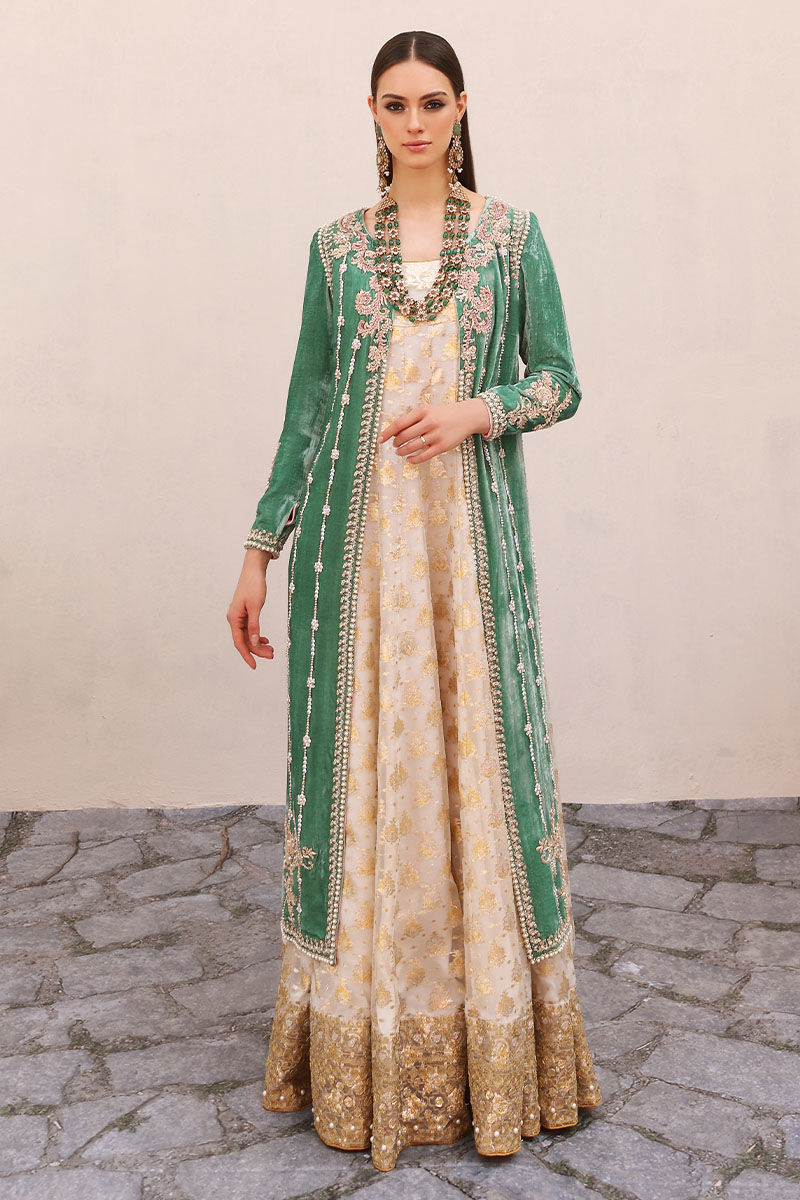 Dusty Sage Embroidered Velvet Jacket & Organza Kalidaar (2-Piece) - Image 1