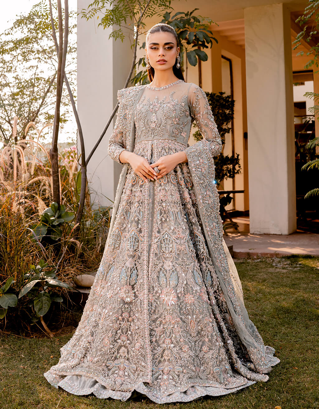 Dusty Sage Embellished Net Gown with Lehnga (3-Piece) - Image 1