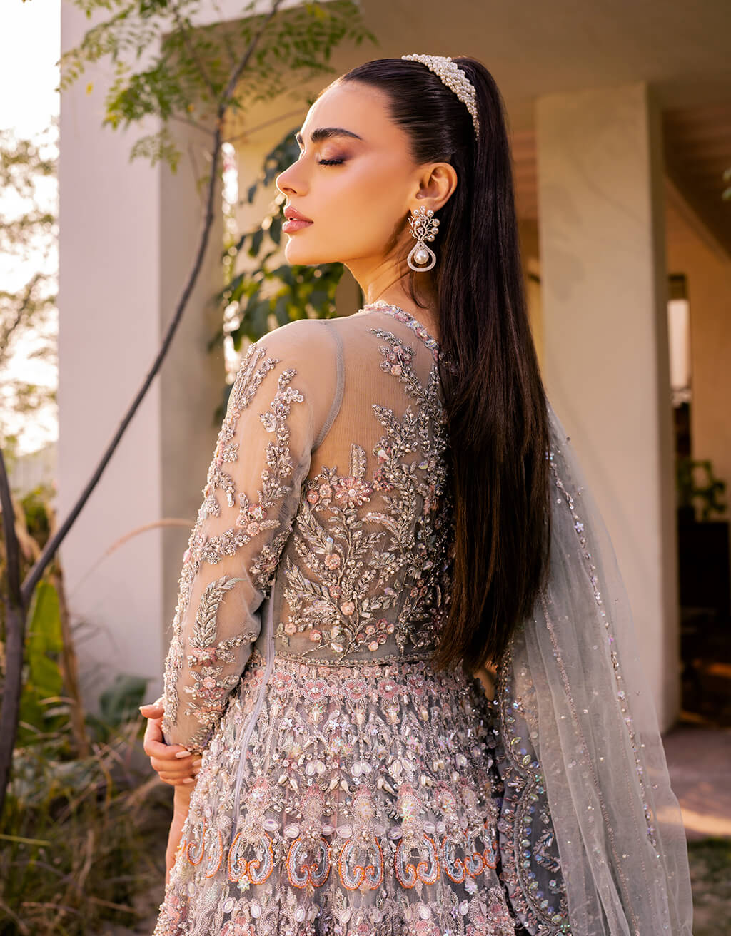 Dusty Sage Embellished Net Gown with Lehnga (3-Piece) - Image 2