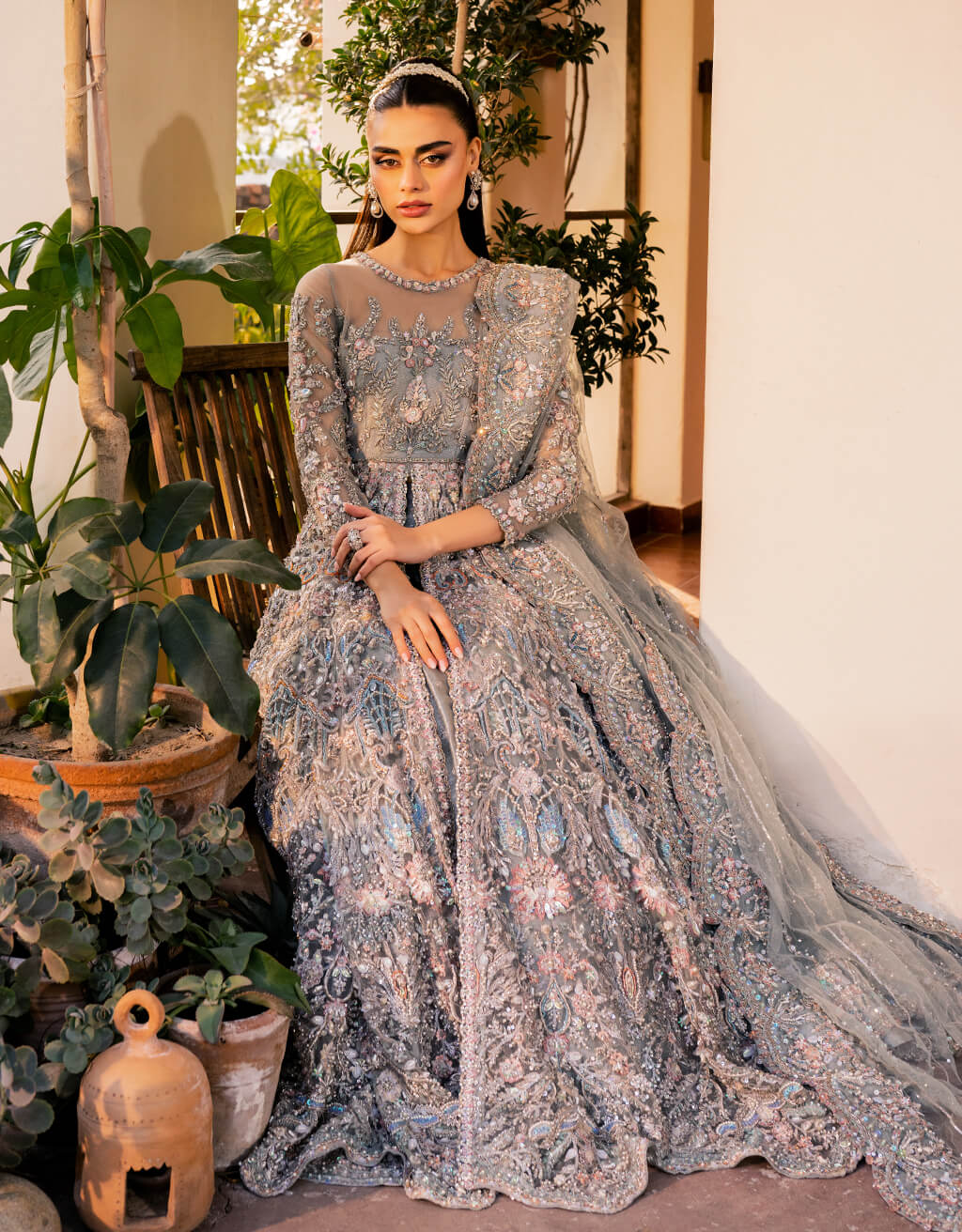 Dusty Sage Embellished Net Gown with Lehnga (3-Piece) - Image 3