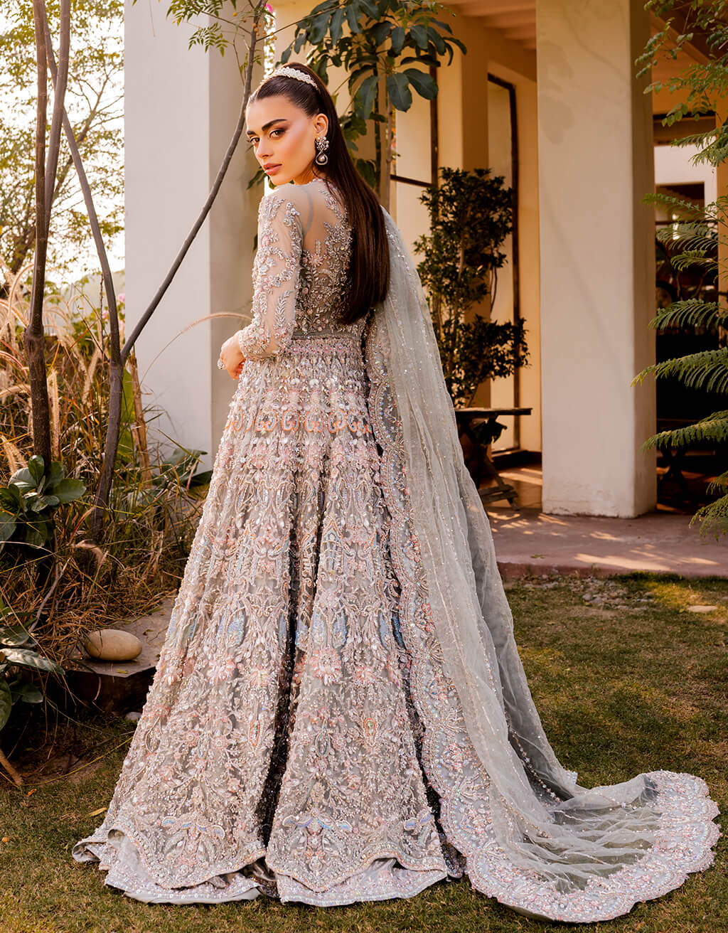 Dusty Sage Embellished Net Gown with Lehnga (3-Piece) - Image 5