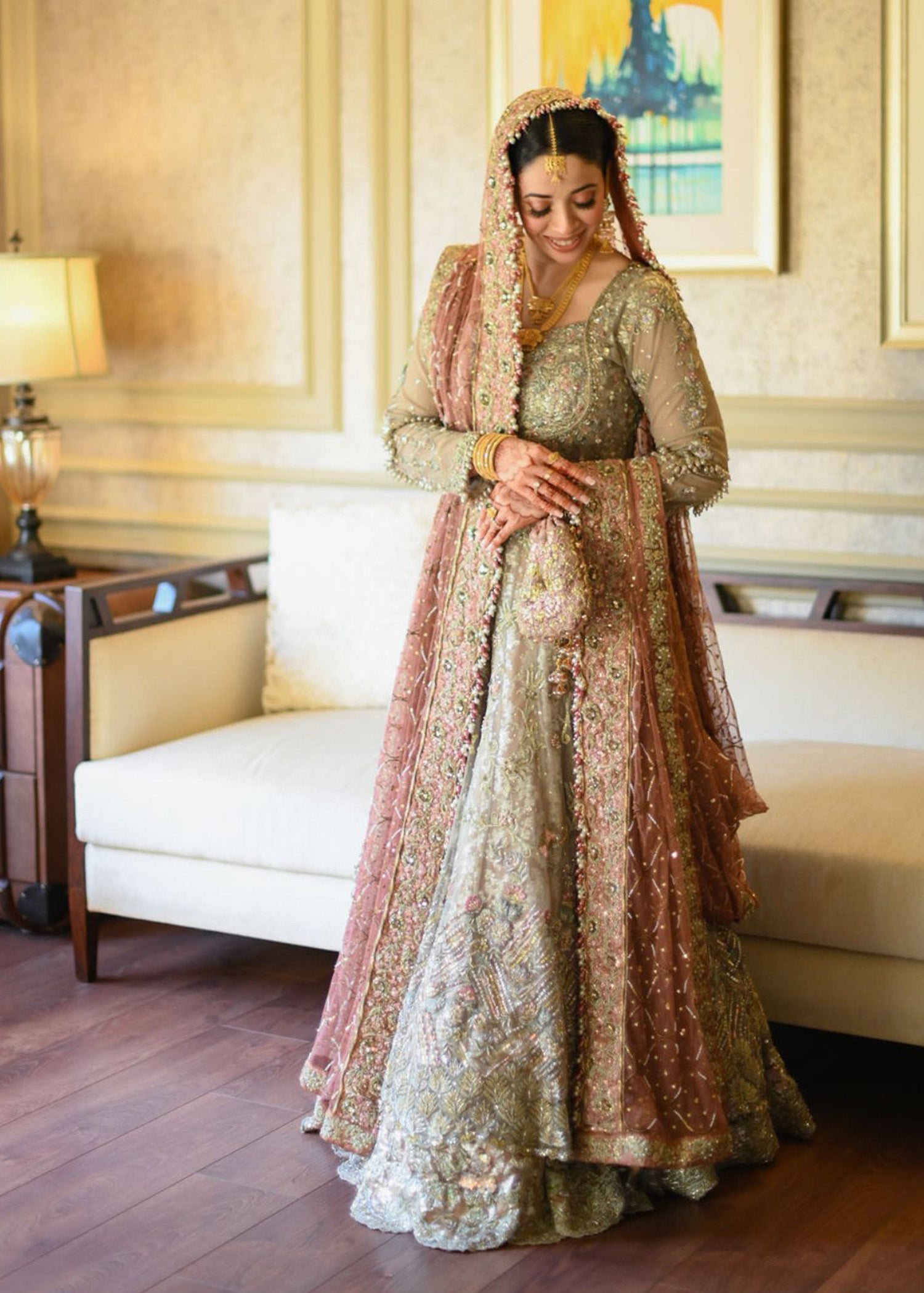 Dusty Sage Embroidered Net Bridal Lehenga (3-Piece) - Image 1