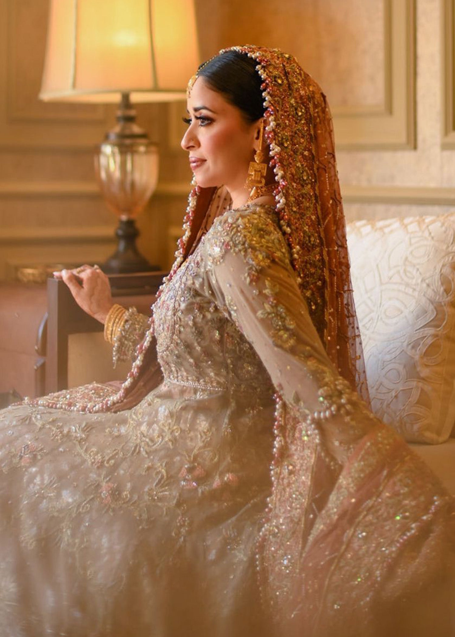 Dusty Sage Embroidered Net Bridal Lehenga (3-Piece) - Image 2