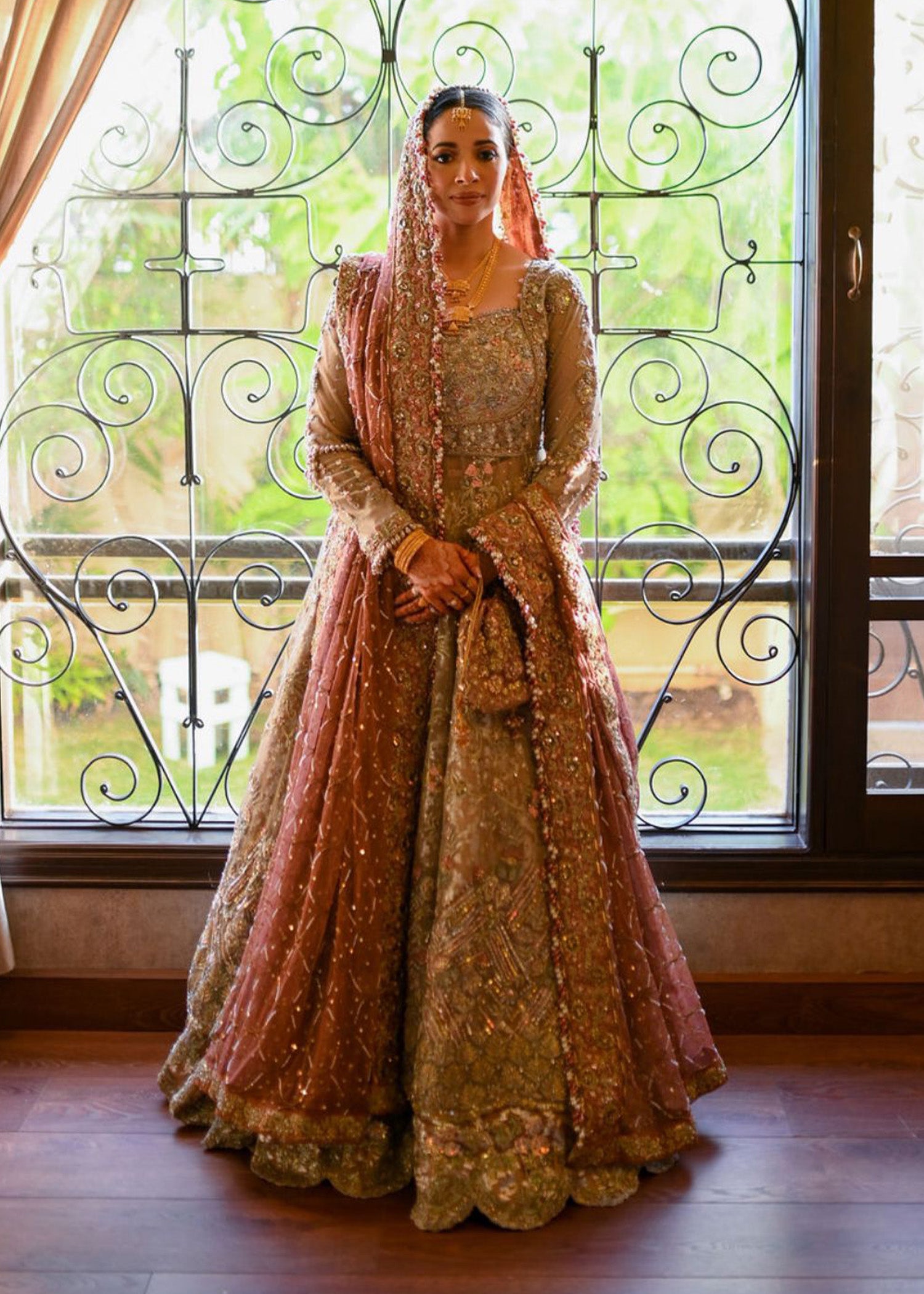 Dusty Sage Embroidered Net Bridal Lehenga (3-Piece) - Image 3