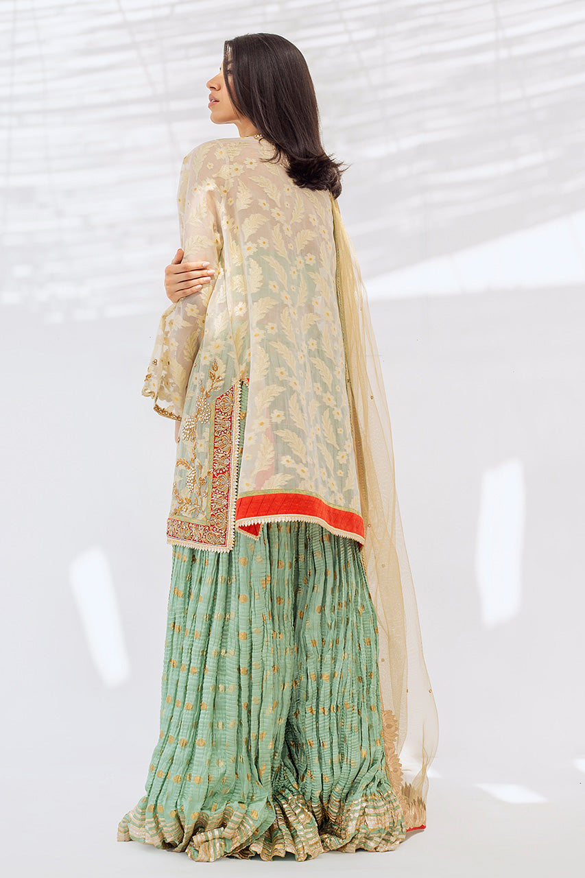 Pakistani Sand Embroidered Woven Kurta with Moss Green Brocade Lehenga (3-Piece) - Image 2
