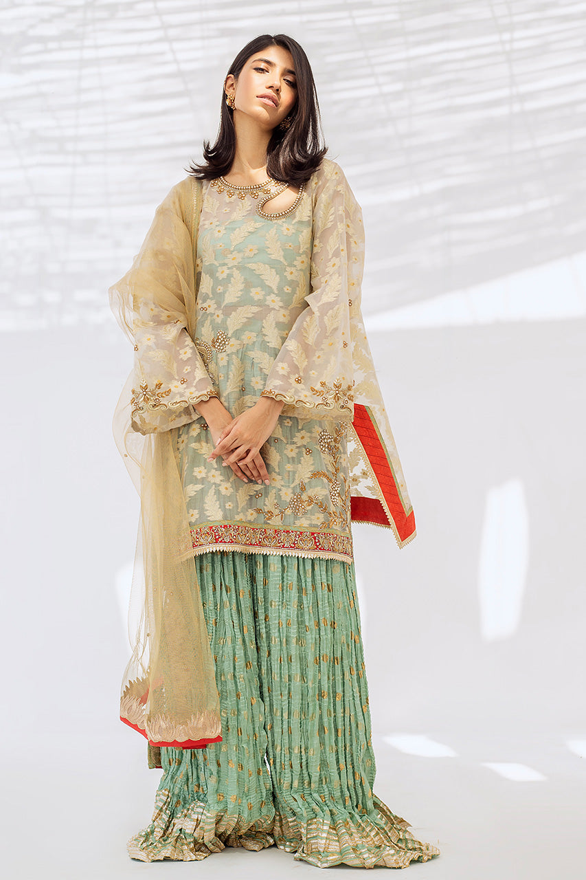 Pakistani Sand Embroidered Woven Kurta with Moss Green Brocade Lehenga (3-Piece) - Image 3