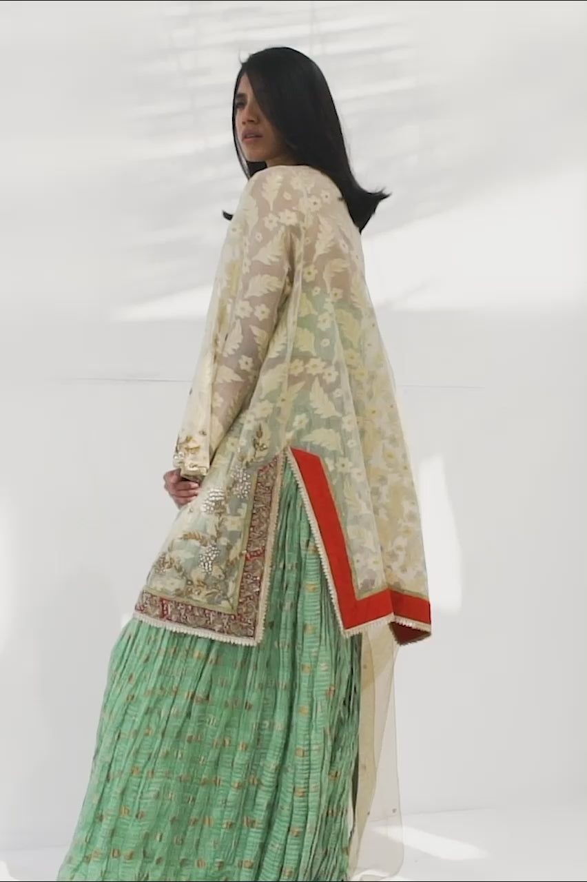 Pakistani Sand Embroidered Woven Kurta with Moss Green Brocade Lehenga (3-Piece) - Image 6