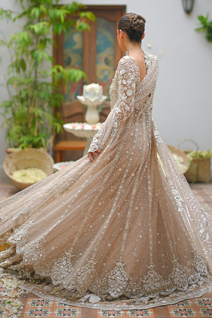 Pakistani Warm Sand Zardozi Net Pishwas Dress (3-Piece) - Image 3