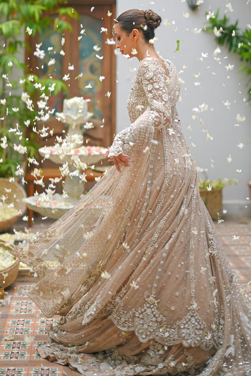 Pakistani Warm Sand Zardozi Net Pishwas Dress (3-Piece) - Image 6