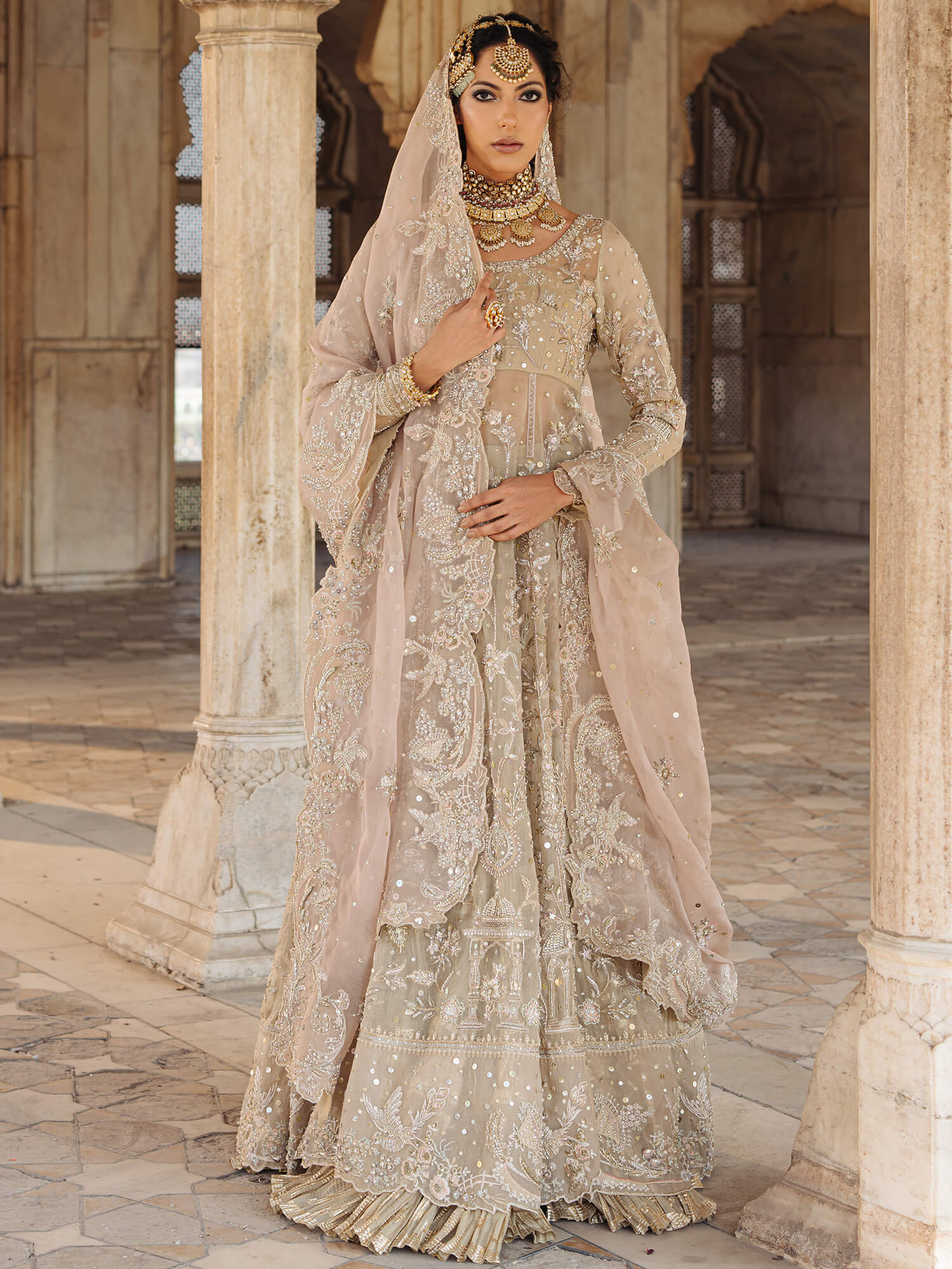 Sand Zardozi & Resham Organza Pishwas (3-Piece) - Image 1