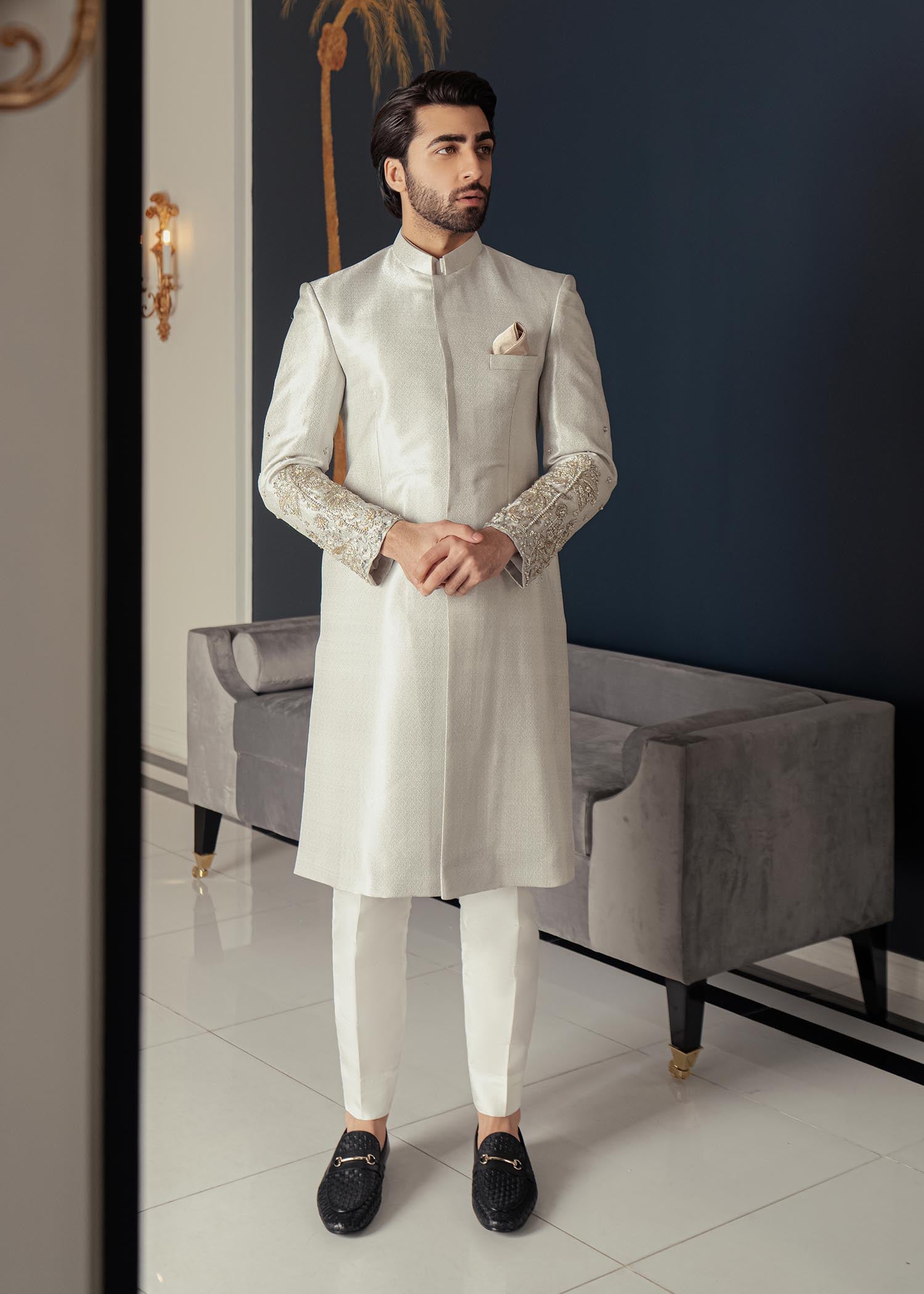 Silver Hand Embellished Brocade Achkan Sherwani (2-Piece) - Image 1