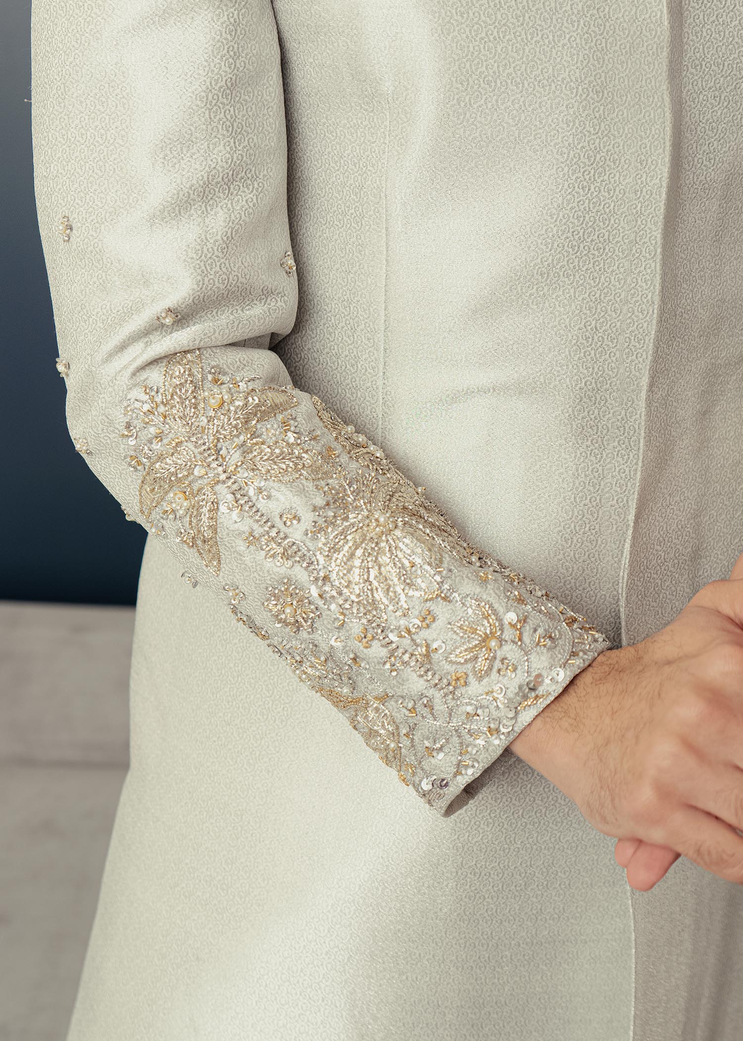 Silver Hand Embellished Brocade Achkan Sherwani (2-Piece) - Image 2