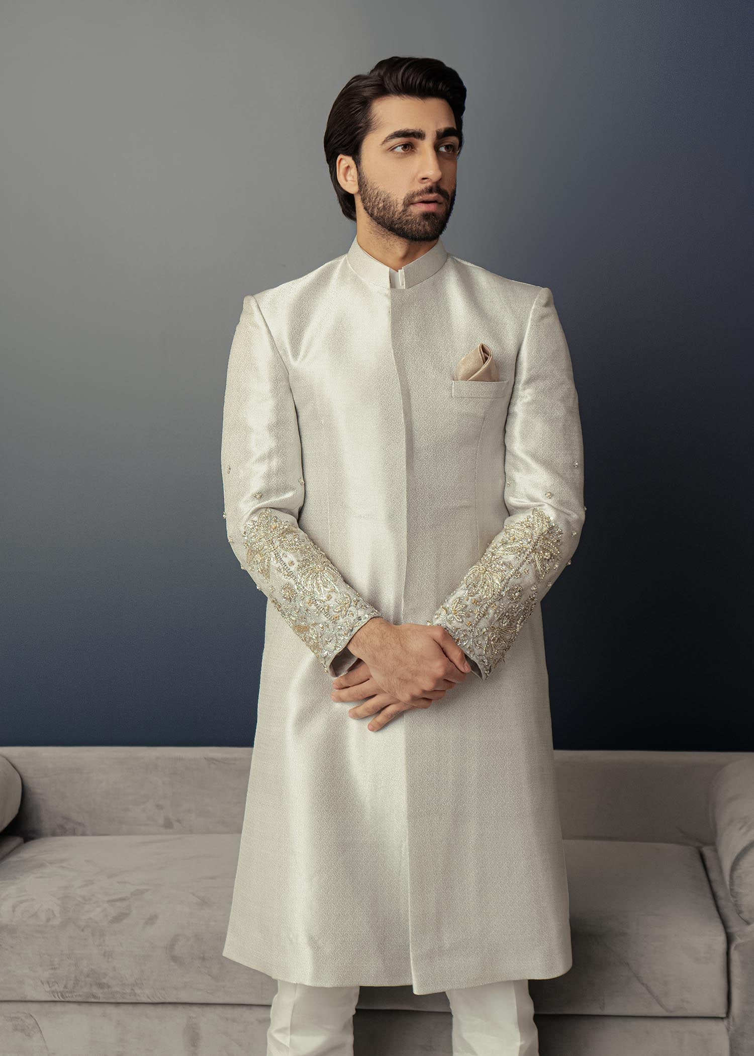 Silver Hand Embellished Brocade Achkan Sherwani (2-Piece) - Image 3