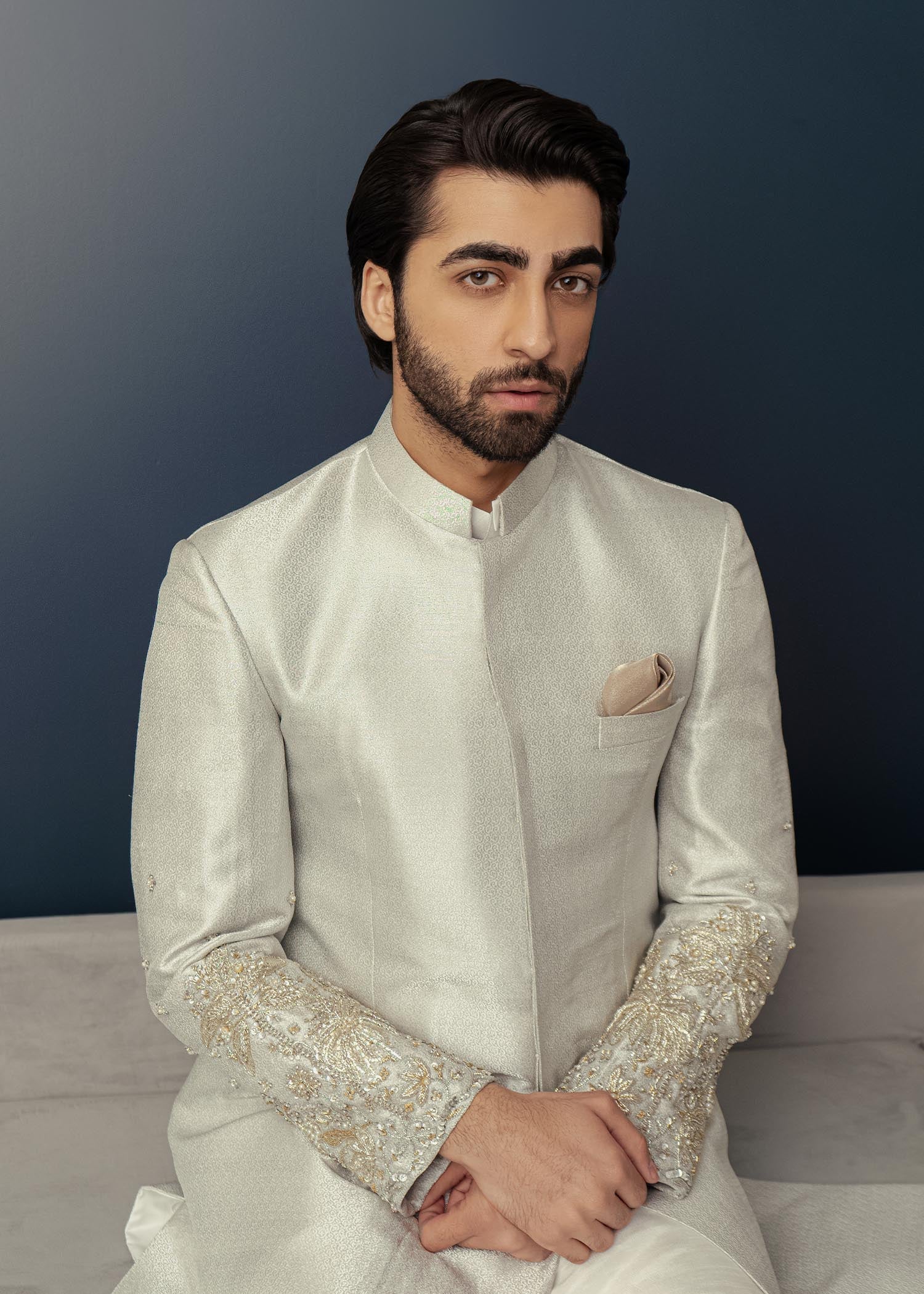 Silver Hand Embellished Brocade Achkan Sherwani (2-Piece) - Image 4