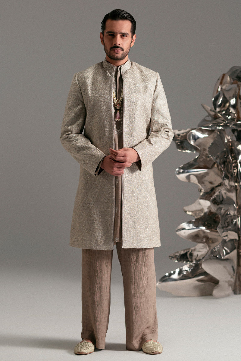 Silver-Beige Foil Zarri Achkan Sherwani (3-Piece) - Image 1