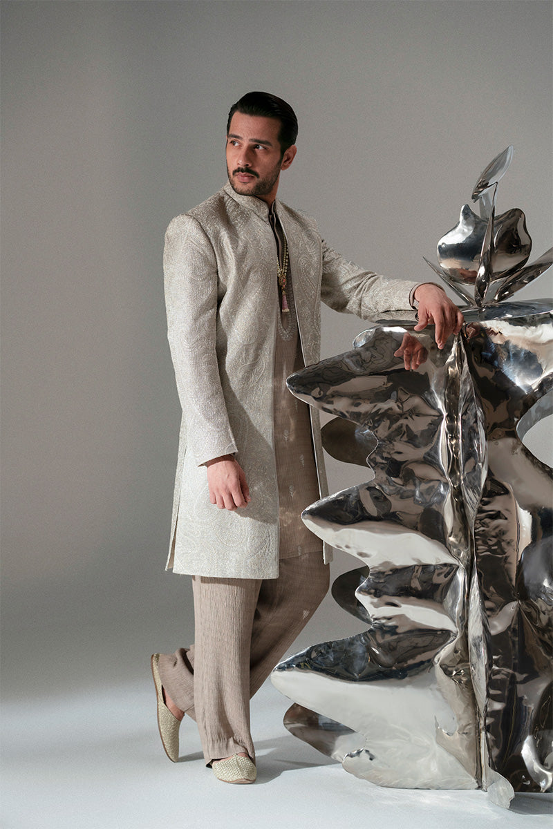 Silver-Beige Foil Zarri Achkan Sherwani (3-Piece) - Image 10