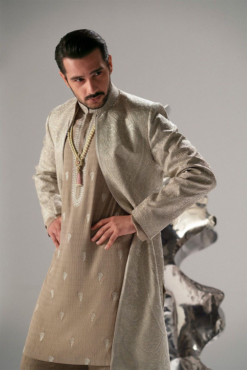 Silver-Beige Foil Zarri Achkan Sherwani (3-Piece) - Image 12