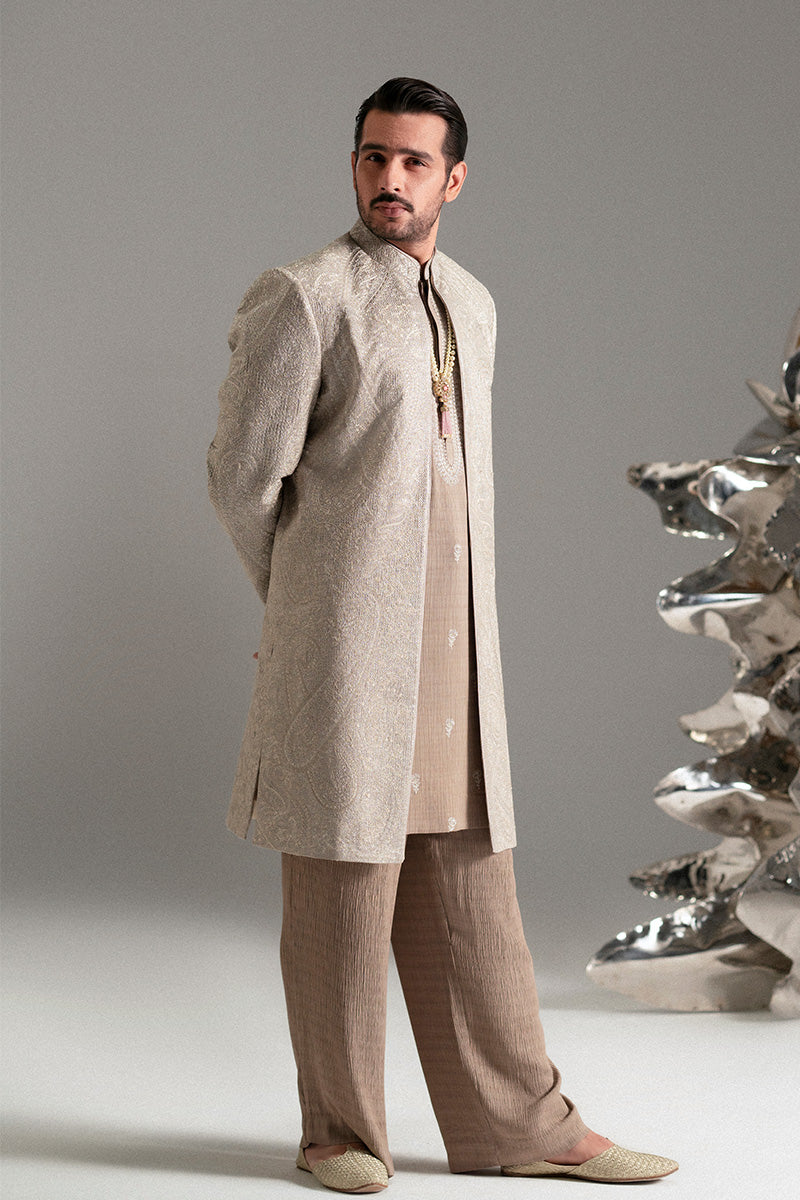 Silver-Beige Foil Zarri Achkan Sherwani (3-Piece) - Image 14