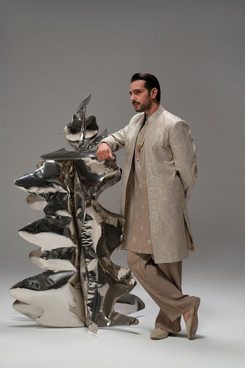 Silver-Beige Foil Zarri Achkan Sherwani (3-Piece) - Image 15