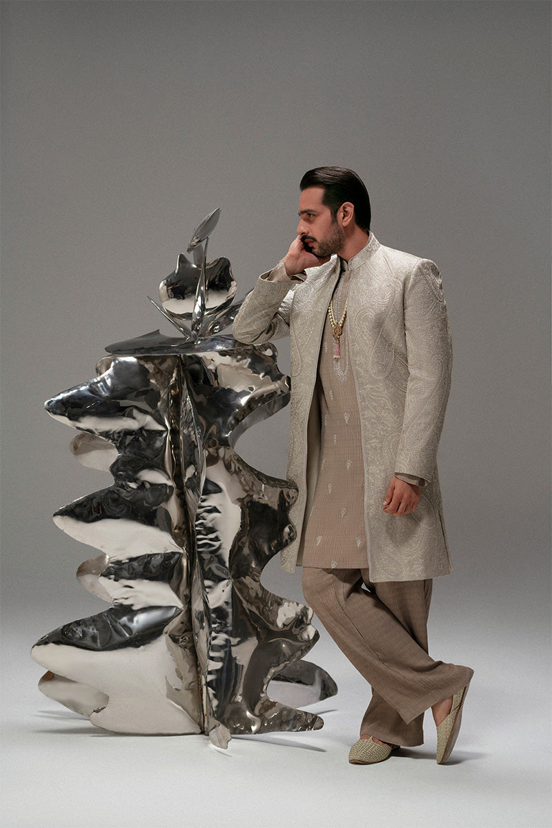 Silver-Beige Foil Zarri Achkan Sherwani (3-Piece) - Image 4