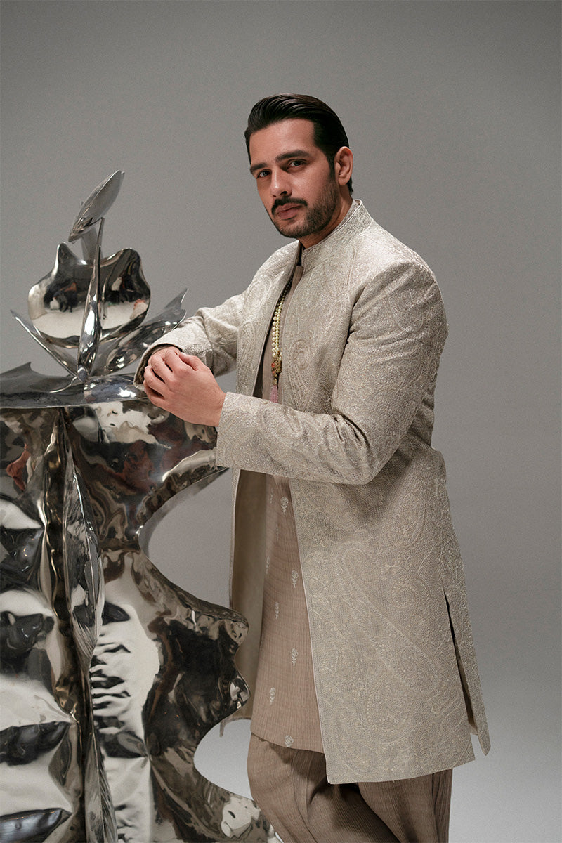 Silver-Beige Foil Zarri Achkan Sherwani (3-Piece) - Image 5