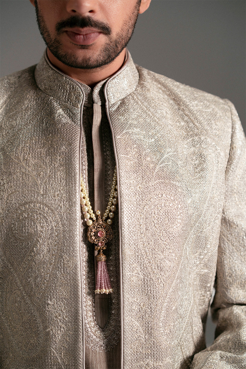 Silver-Beige Foil Zarri Achkan Sherwani (3-Piece) - Image 1