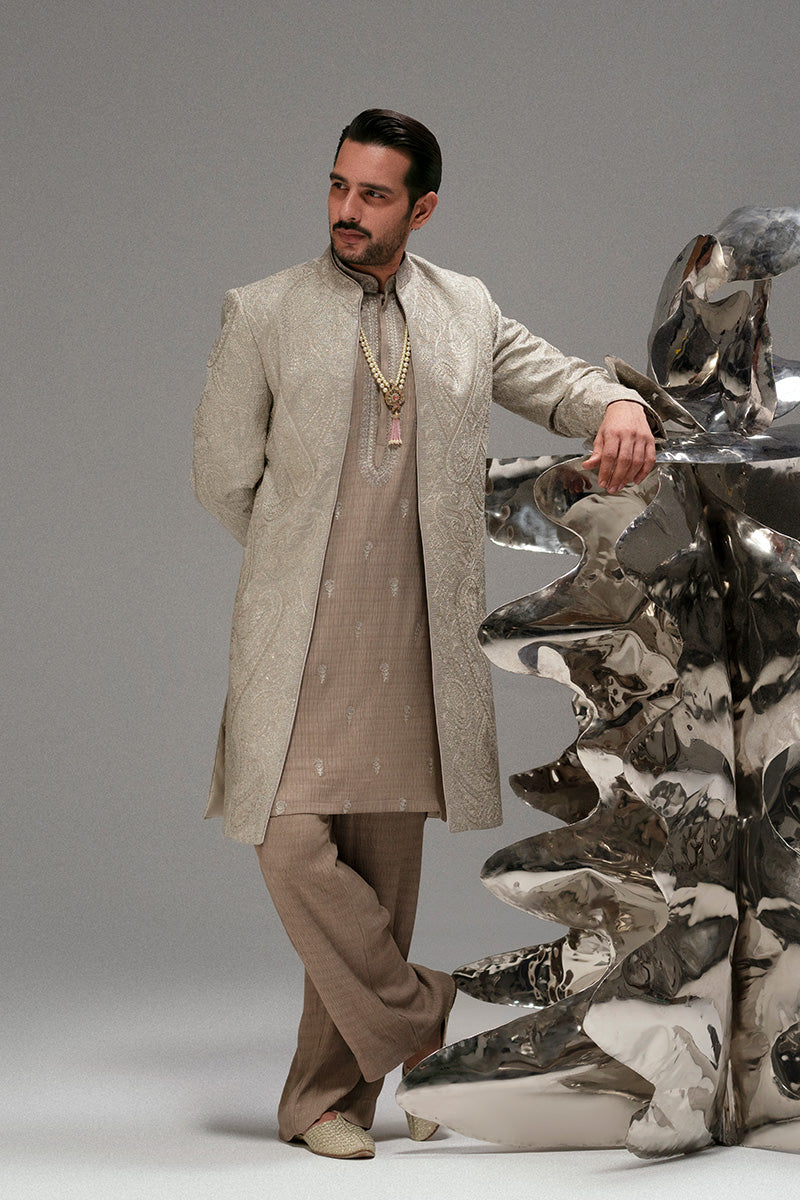 Silver-Beige Foil Zarri Achkan Sherwani (3-Piece) - Image 11