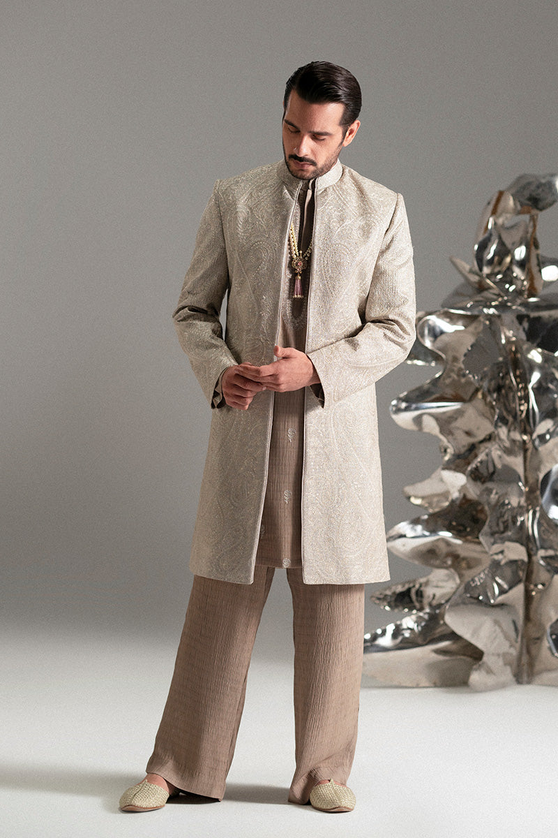 Silver-Beige Foil Zarri Achkan Sherwani (3-Piece) - Image 13