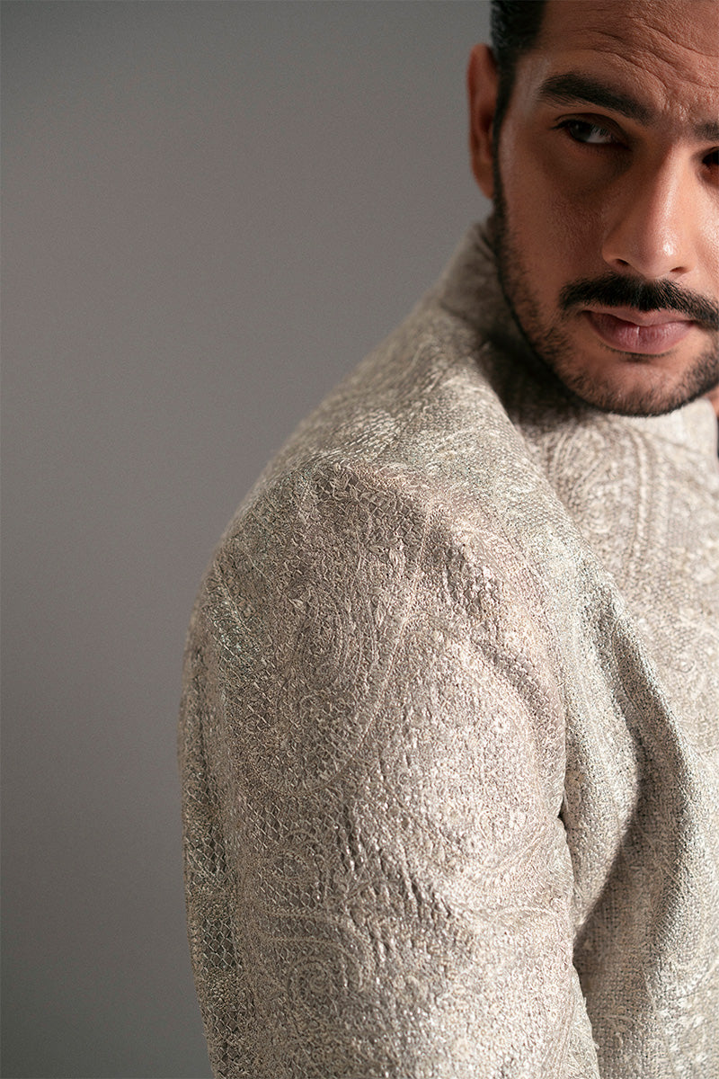 Silver-Beige Foil Zarri Achkan Sherwani (3-Piece) - Image 3