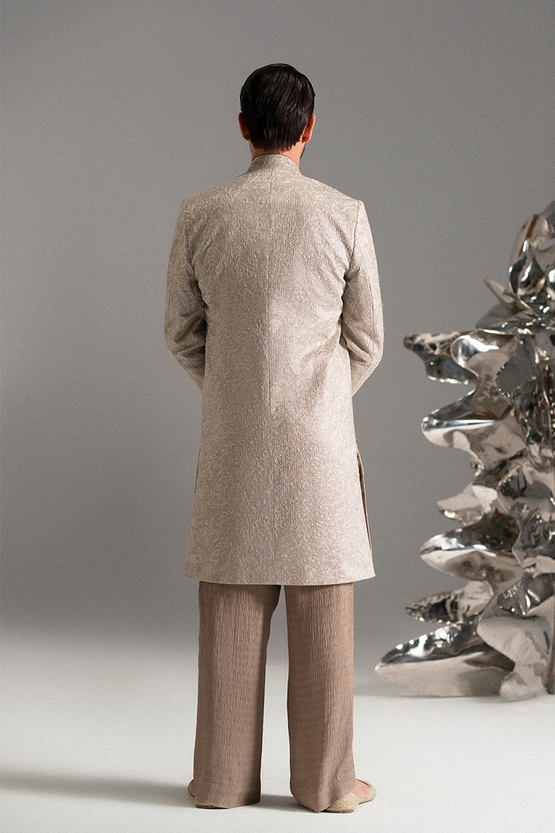 Silver-Beige Foil Zarri Achkan Sherwani (3-Piece) - Image 7
