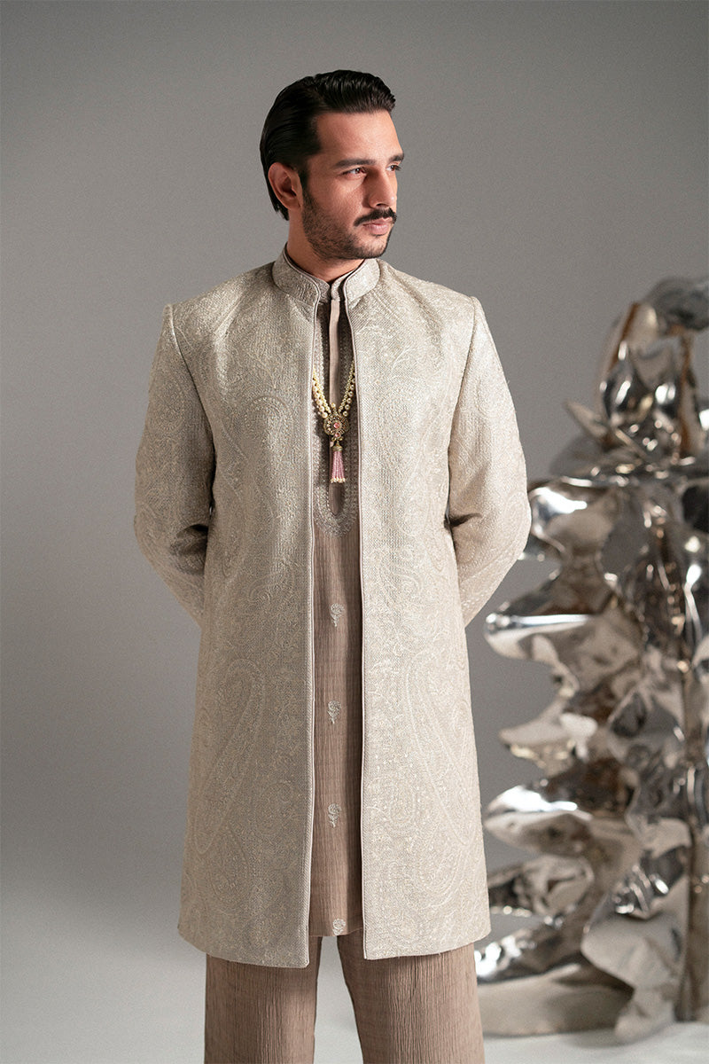 Silver-Beige Foil Zarri Achkan Sherwani (3-Piece) - Image 8