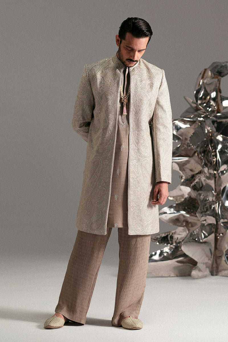 Silver-Beige Foil Zarri Achkan Sherwani (3-Piece) - Image 9
