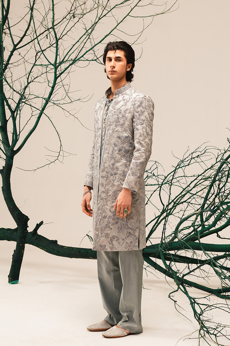 Silver Grey Hand-Embroidered Silk-Blend Sherwani (3-Piece) - Image 10