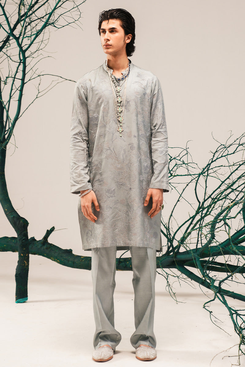 Silver Grey Hand-Embroidered Silk-Blend Sherwani (3-Piece) - Image 14