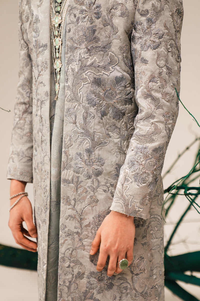 Silver Grey Hand-Embroidered Silk-Blend Sherwani (3-Piece) - Image 2