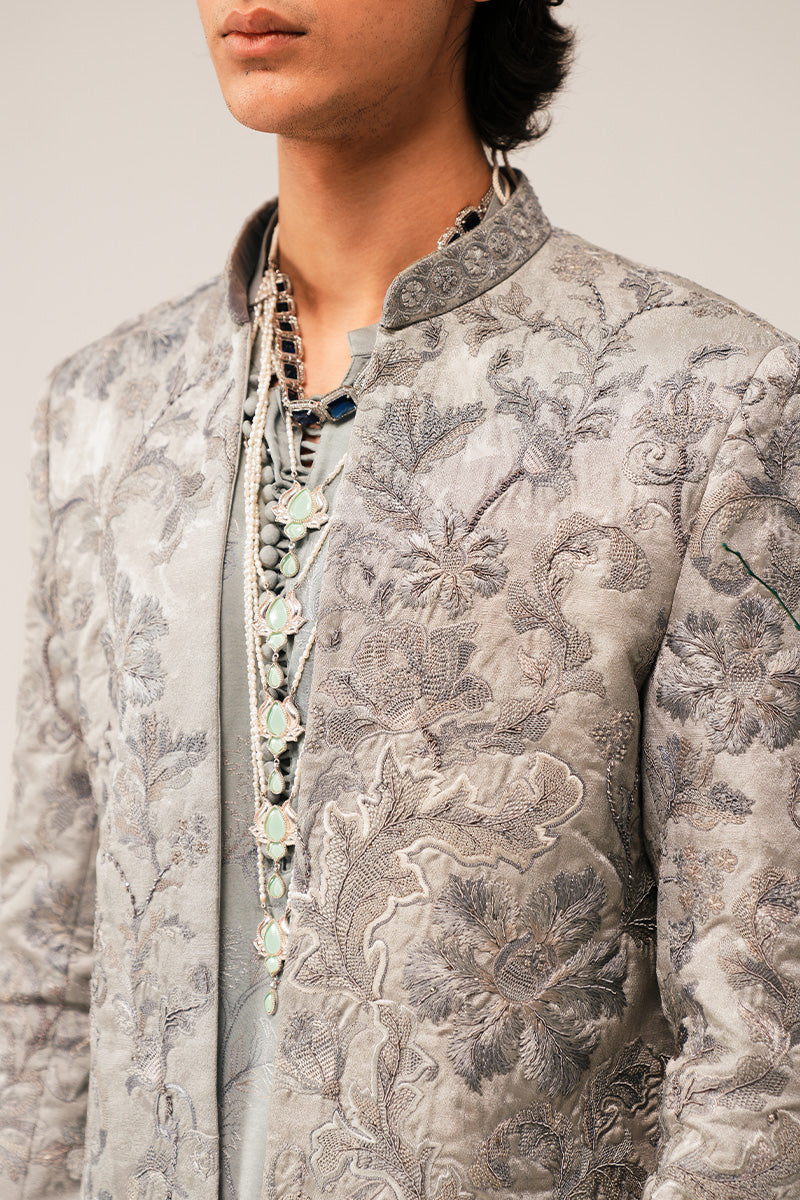 Silver Grey Hand-Embroidered Silk-Blend Sherwani (3-Piece) - Image 3