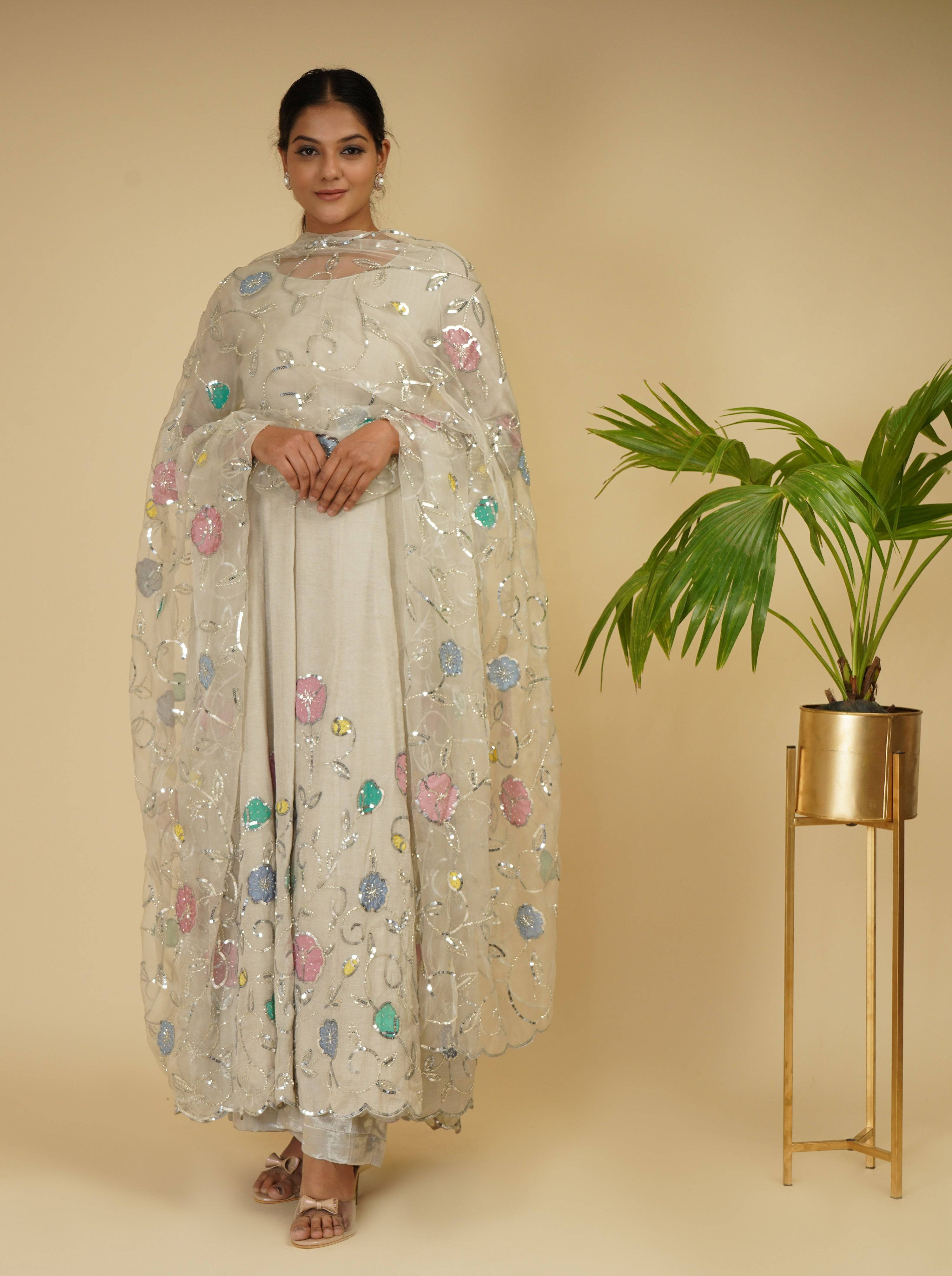 Silver Embroidered Handloom Soft Tissue Anarkali (3-Piece) - Image 2