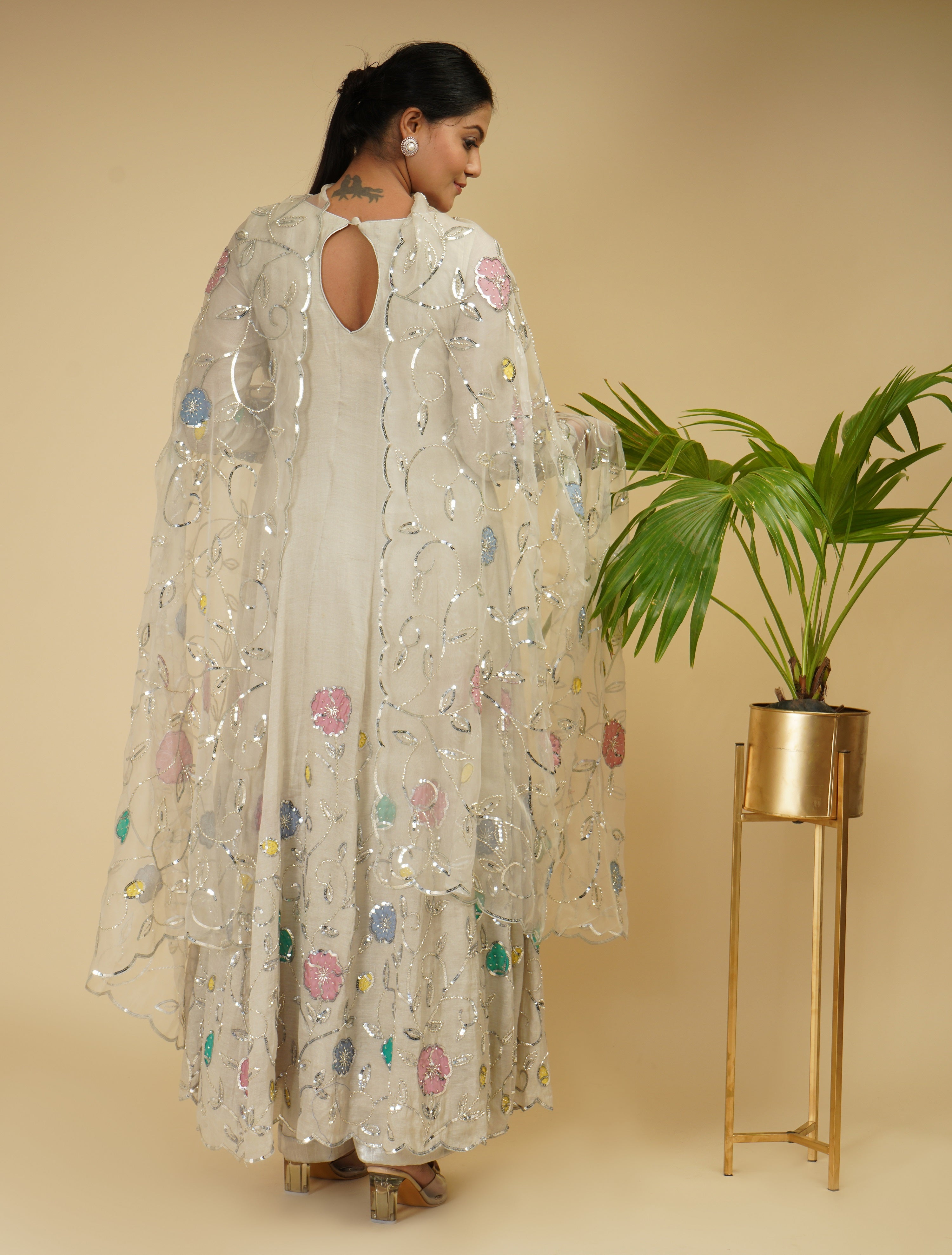 Silver Embroidered Handloom Soft Tissue Anarkali (3-Piece) - Image 3