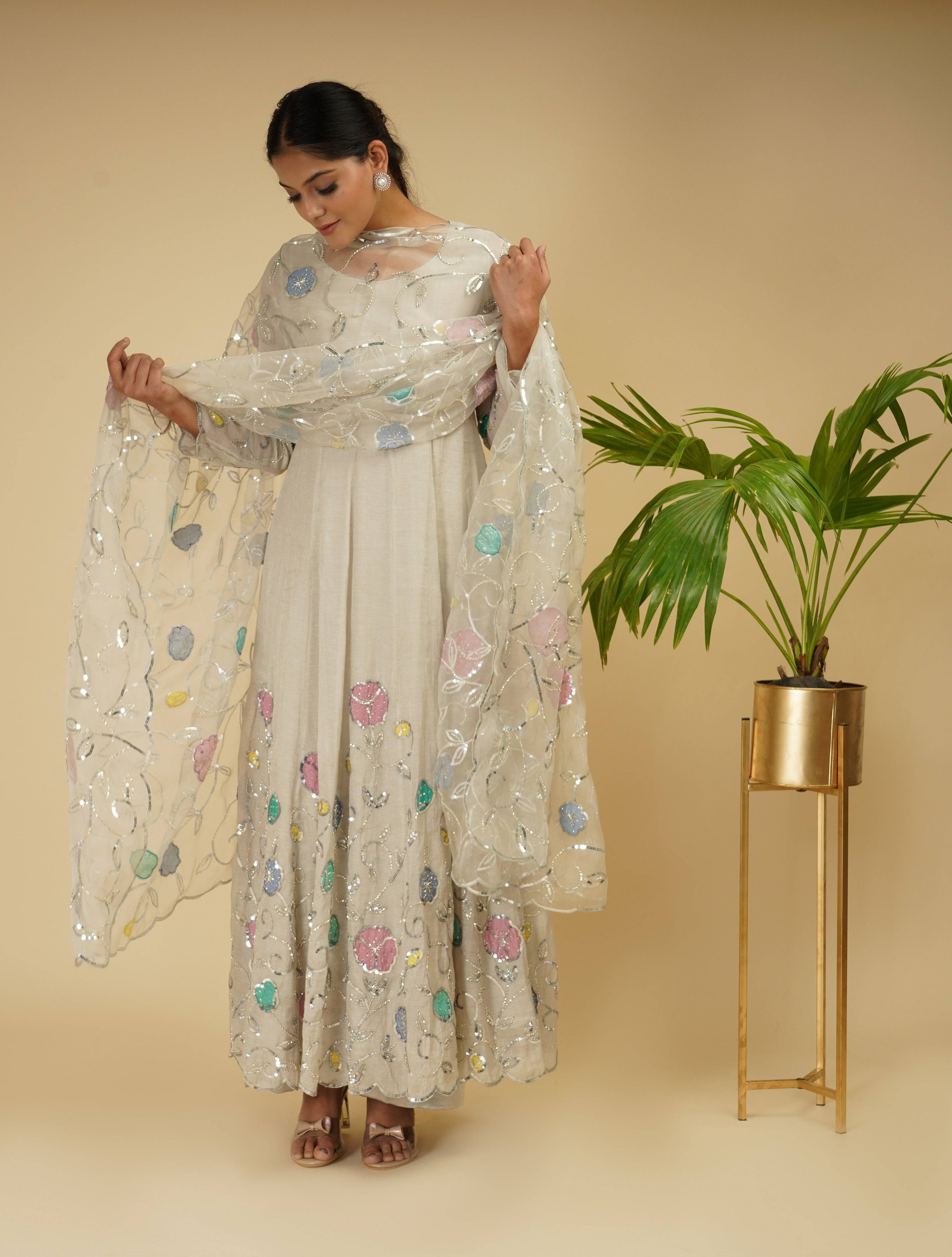 Silver Embroidered Handloom Soft Tissue Anarkali (3-Piece) - Image 4